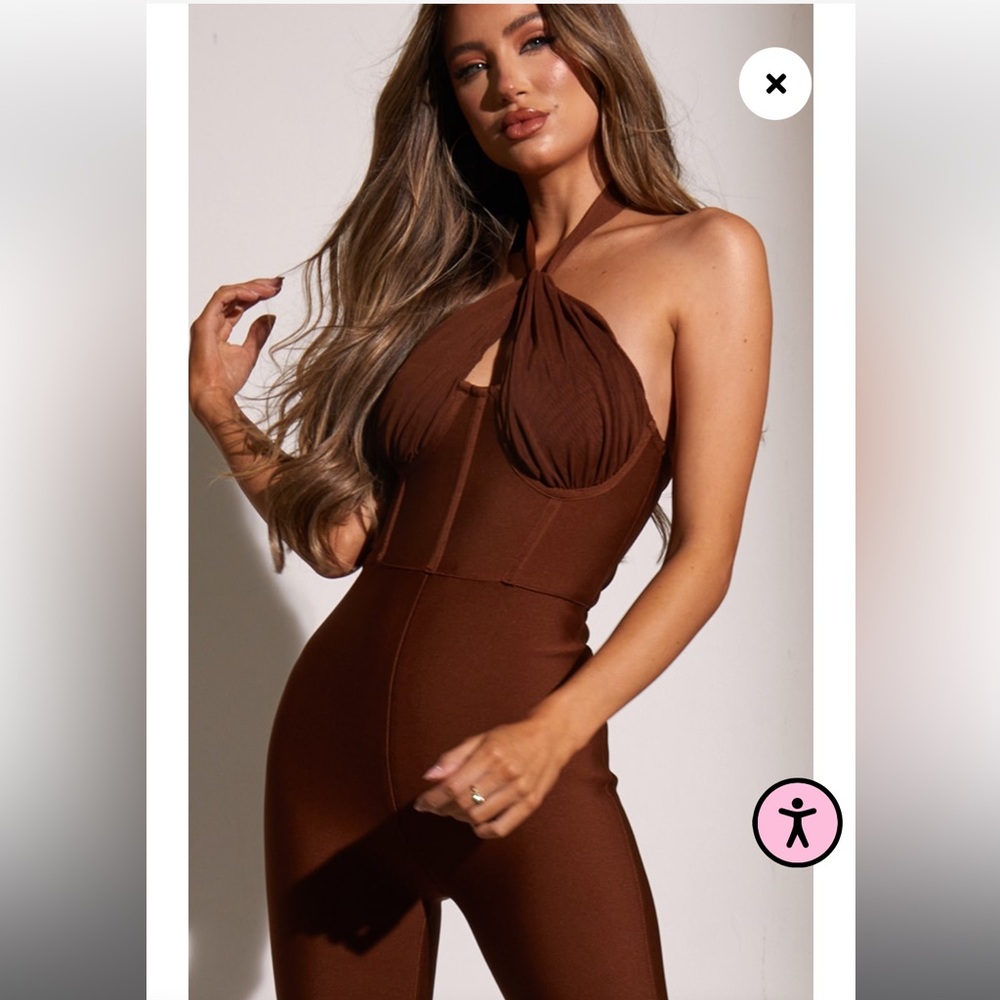 CHOCOLATE BANDAGE MESH HALTERNECK JUMPSUIT - Picture 4 of 5